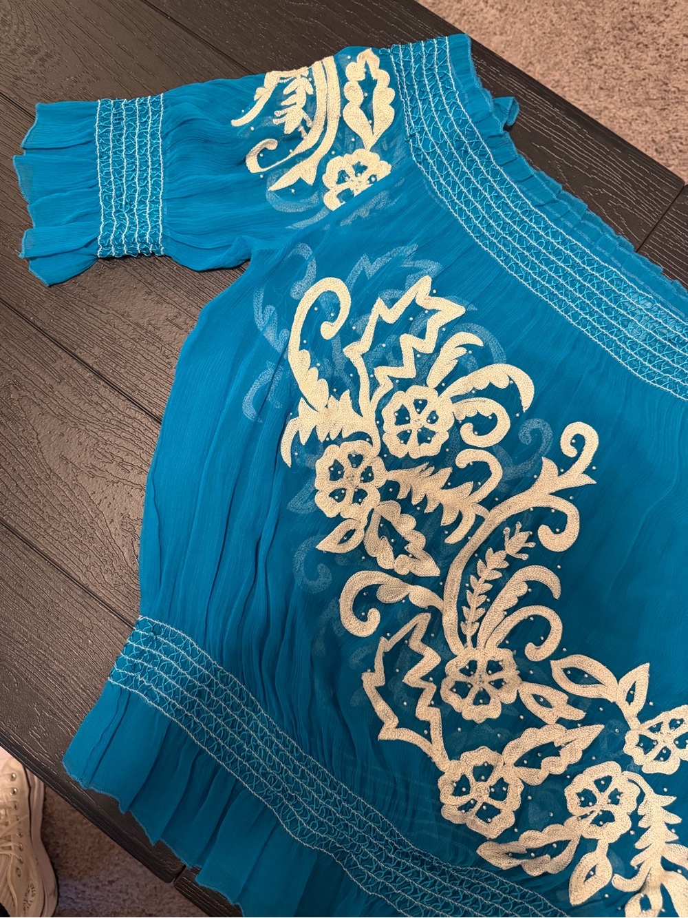 Vintage Cache silk embroidered off the shoulder top